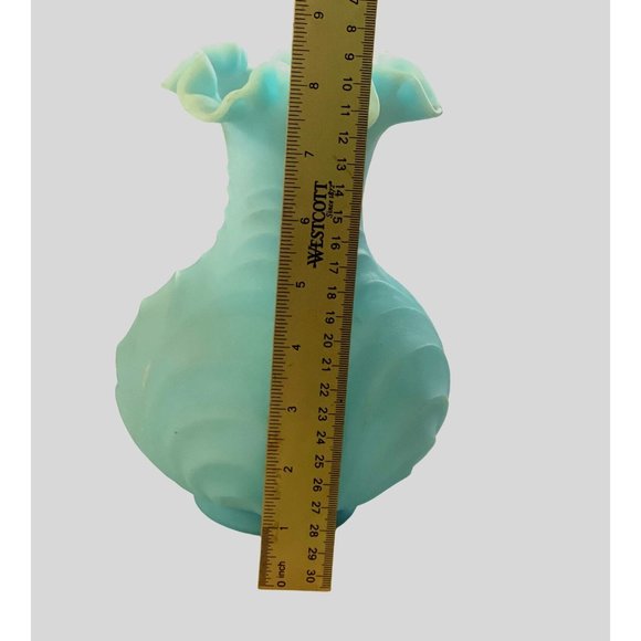 Fenton Vase Blue Satin Shell Bulbous Drapery Style Crimped Ruffle Edge 8" - Picture 6 of 7